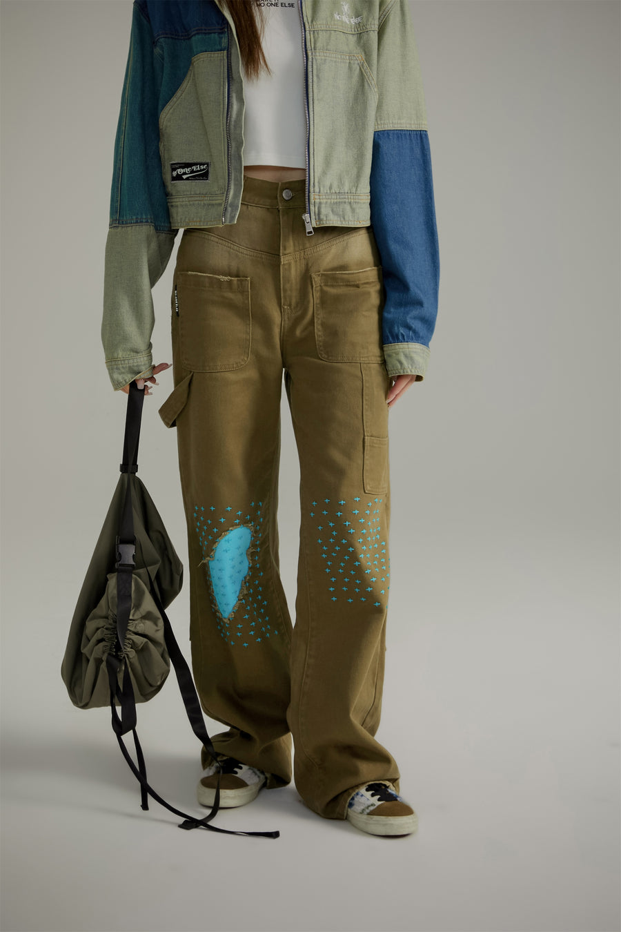 CHUU Blue Stitches Khaki Straight Pants