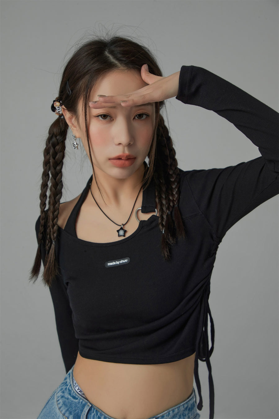 CHUU Unbalanced String Cropped T-Shirt