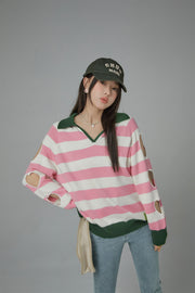 Open Book Loose Fit V-Neck Striped Knit Top