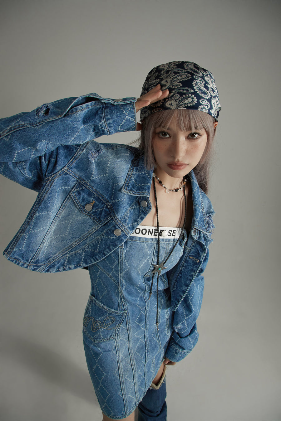 CHUU Argyle Denim Strapless Dress