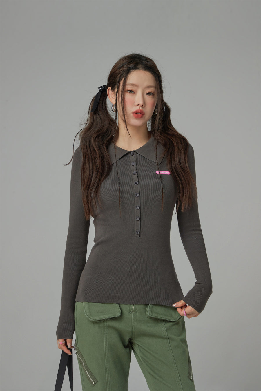 CHUU Buttoned Collar Slimfit Long-Sleeves Knit Top