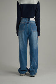 Knee Pocket Washed Wide Straight Jeans