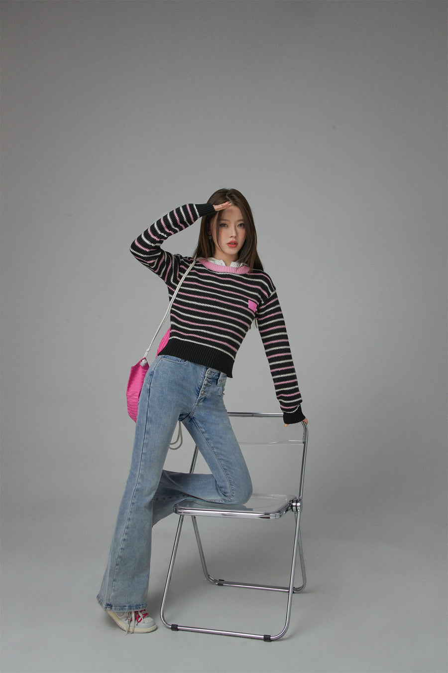 CHUU Rejoice Striped Crop Knit Sweater