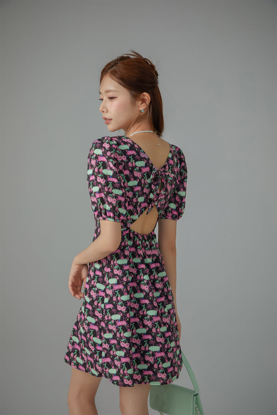 CHUU Cherries Back Cutout Mini Dress