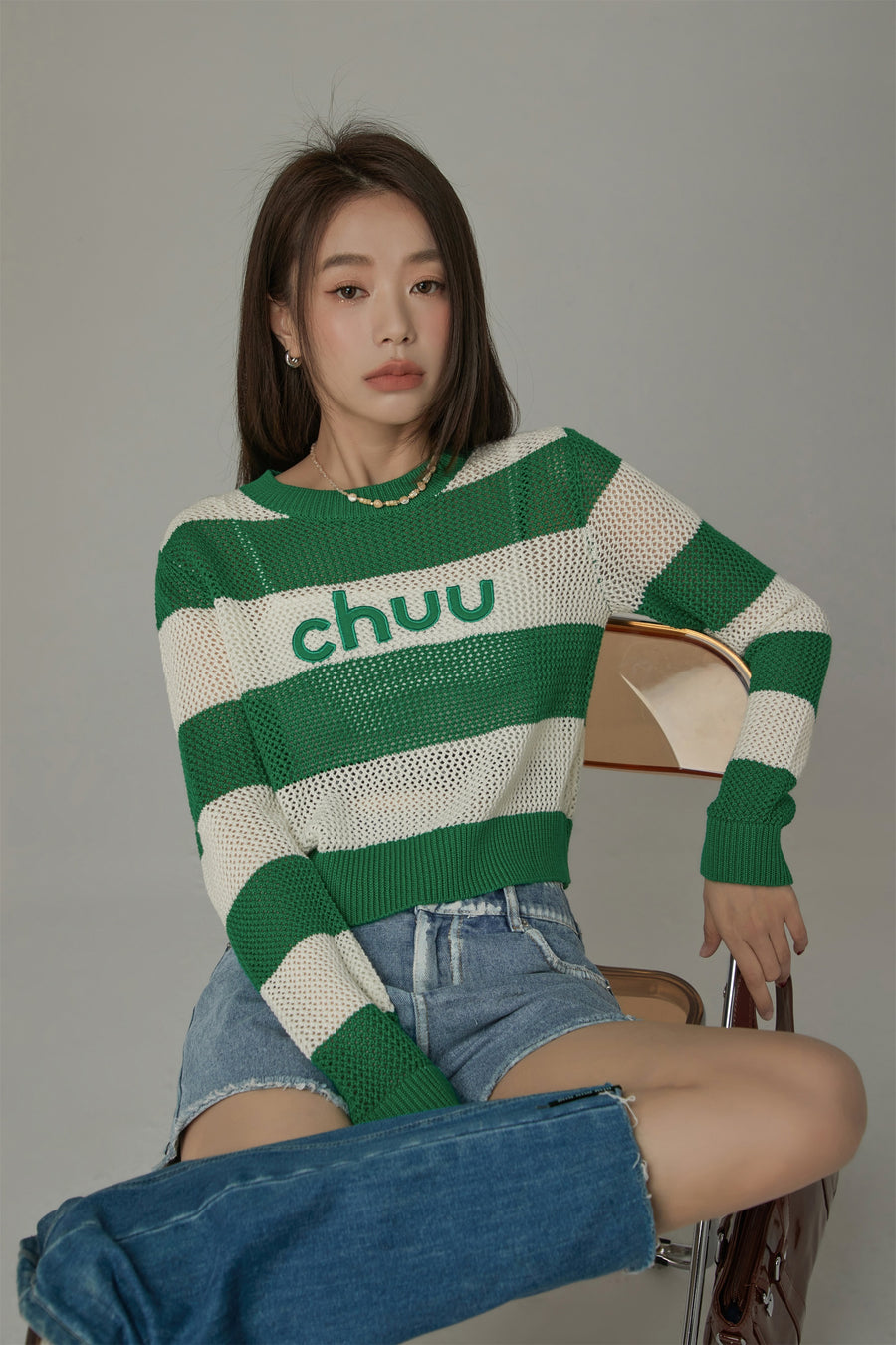 CHUU Striped Cropped Knit Top