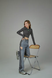 Heart Cutout Wide Straight Jeans