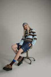 Open Collar Stripe Color Knit Sweater