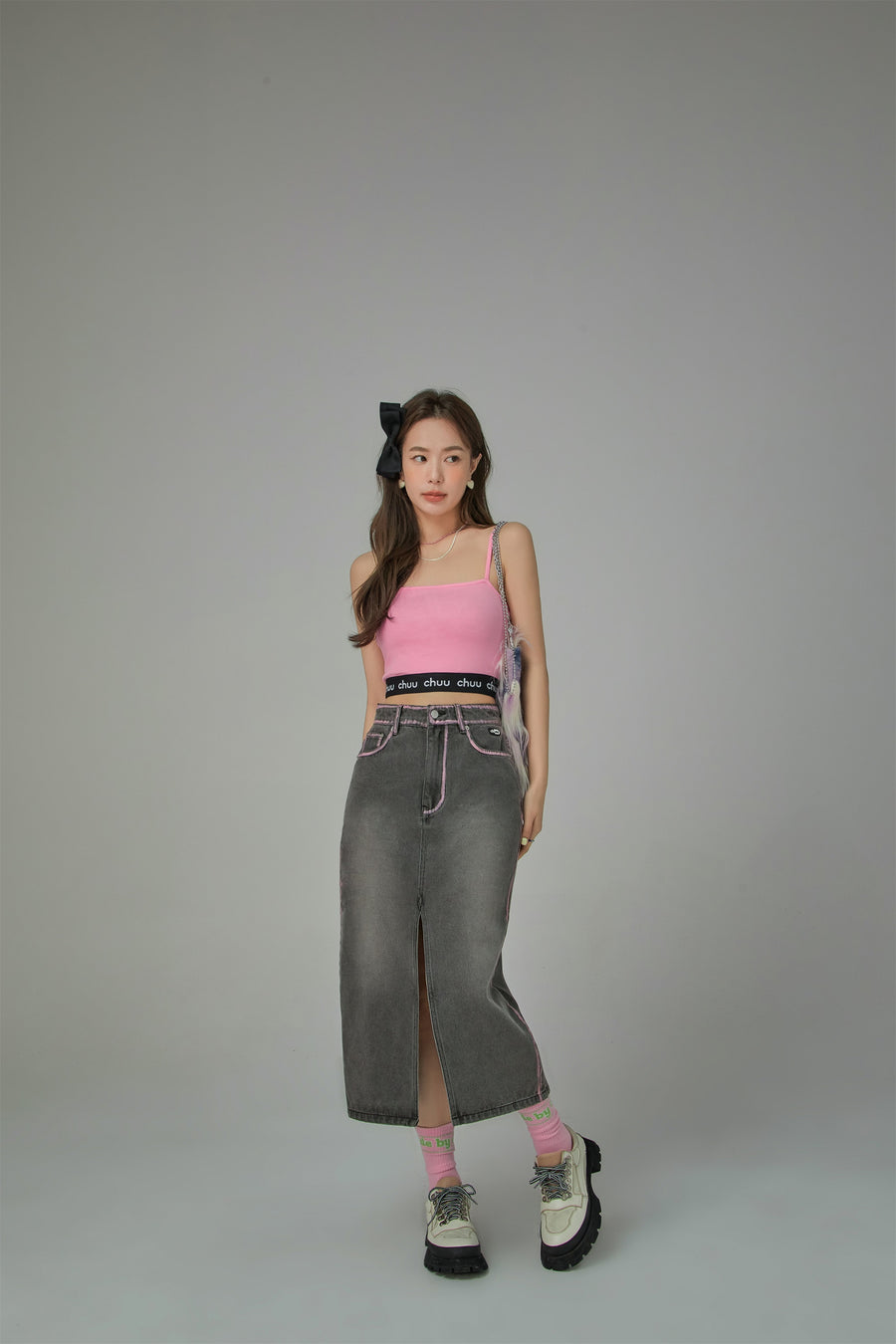 CHUU Maxi Front Slit Long Denim Skirt