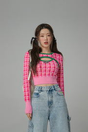 2-Layers Chest Cutout Check Knit Sweater