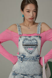 Zipper Heart Acid Wash Denim Overall Mini Dress