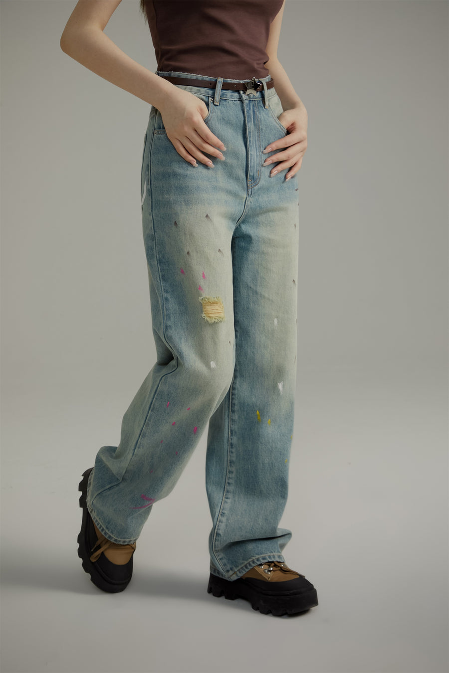 CHUU Painted On Wide Washed Denim Jeans