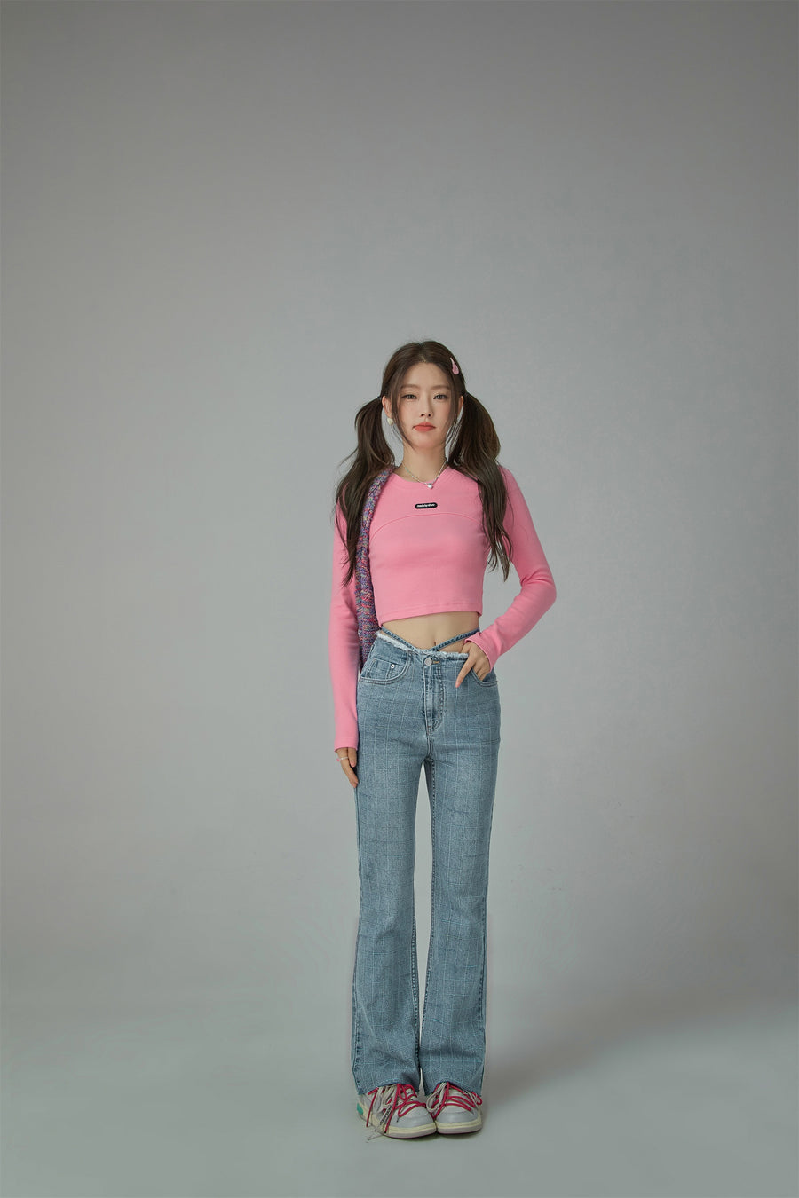 CHUU Waist Wrap Checkered Bootcut Jeans