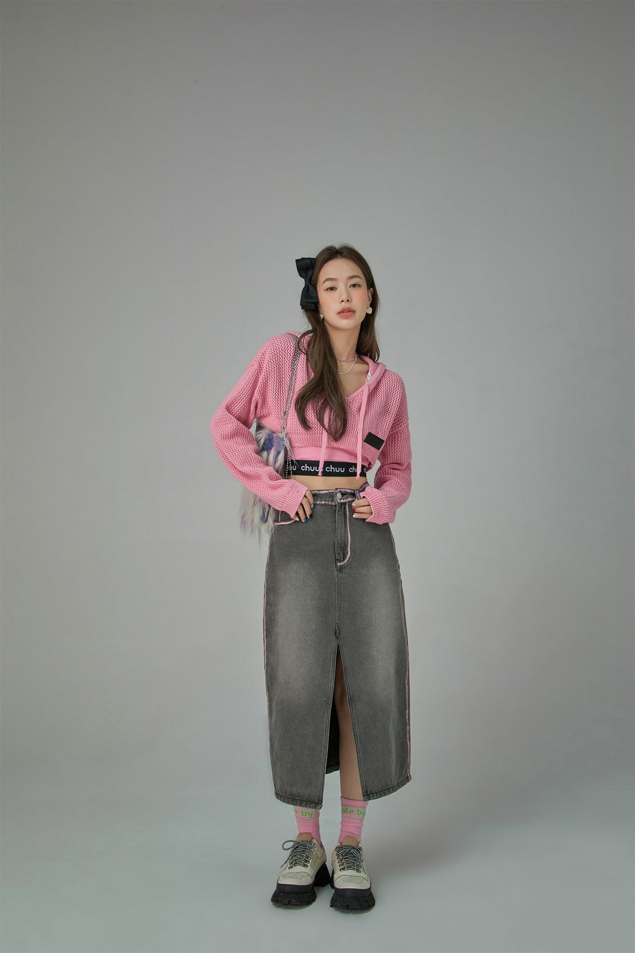 CHUU Maxi Front Slit Long Denim Skirt