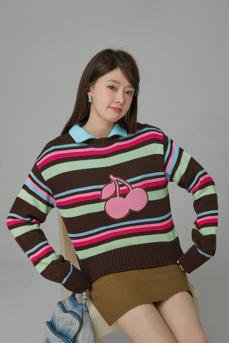 CHUU Stayed Up All Night Cherry Stripe Knit Sweater