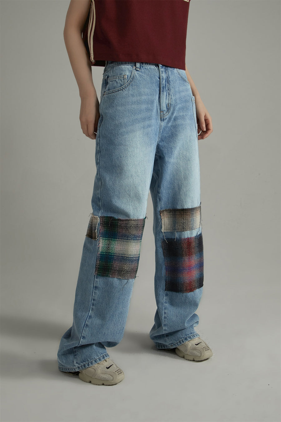 CHUU Tartan Patchwork Wide Straight Jeans