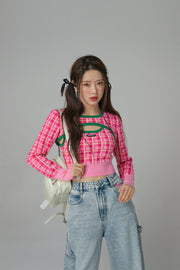 2-Layers Chest Cutout Check Knit Sweater