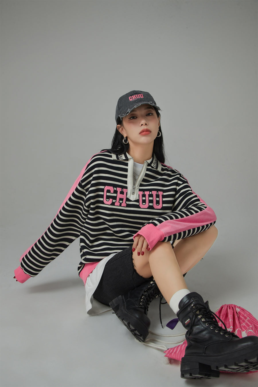 CHUU I Like You Half Zip-Up Color Stripe Sweatshirt