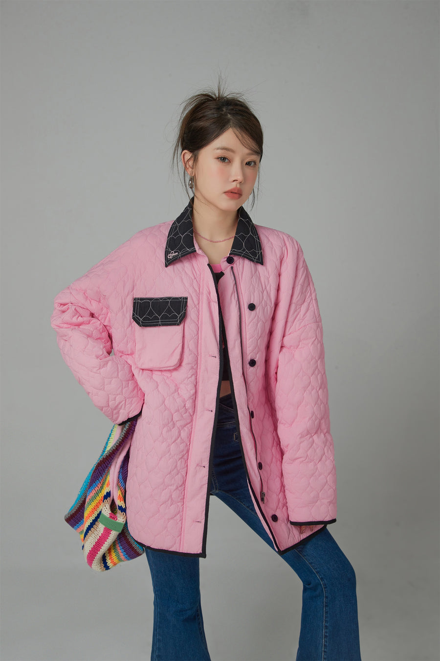 CHUU Blazing Cherry Heart Quilted Jacket