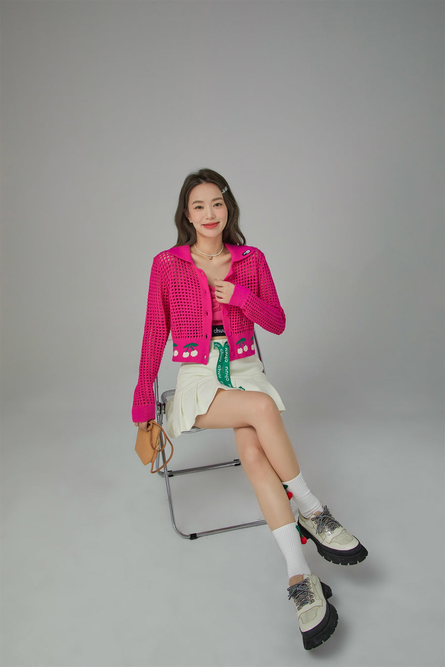 CHUU Hot Pink Cherry Crochet Crop Cardigan