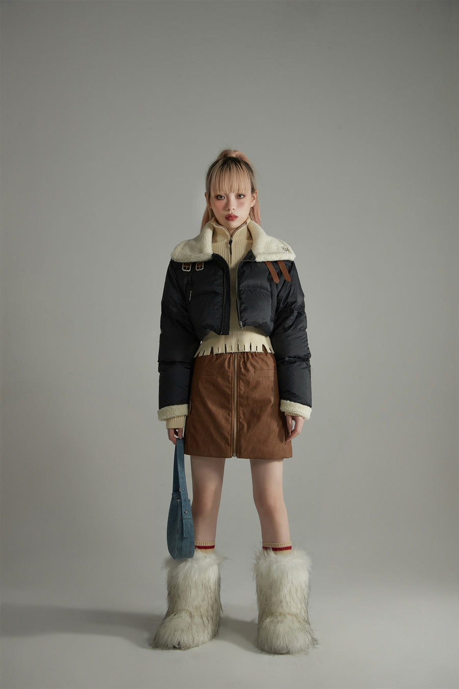 CHUU Fleece Collar Crop Padded Jacket