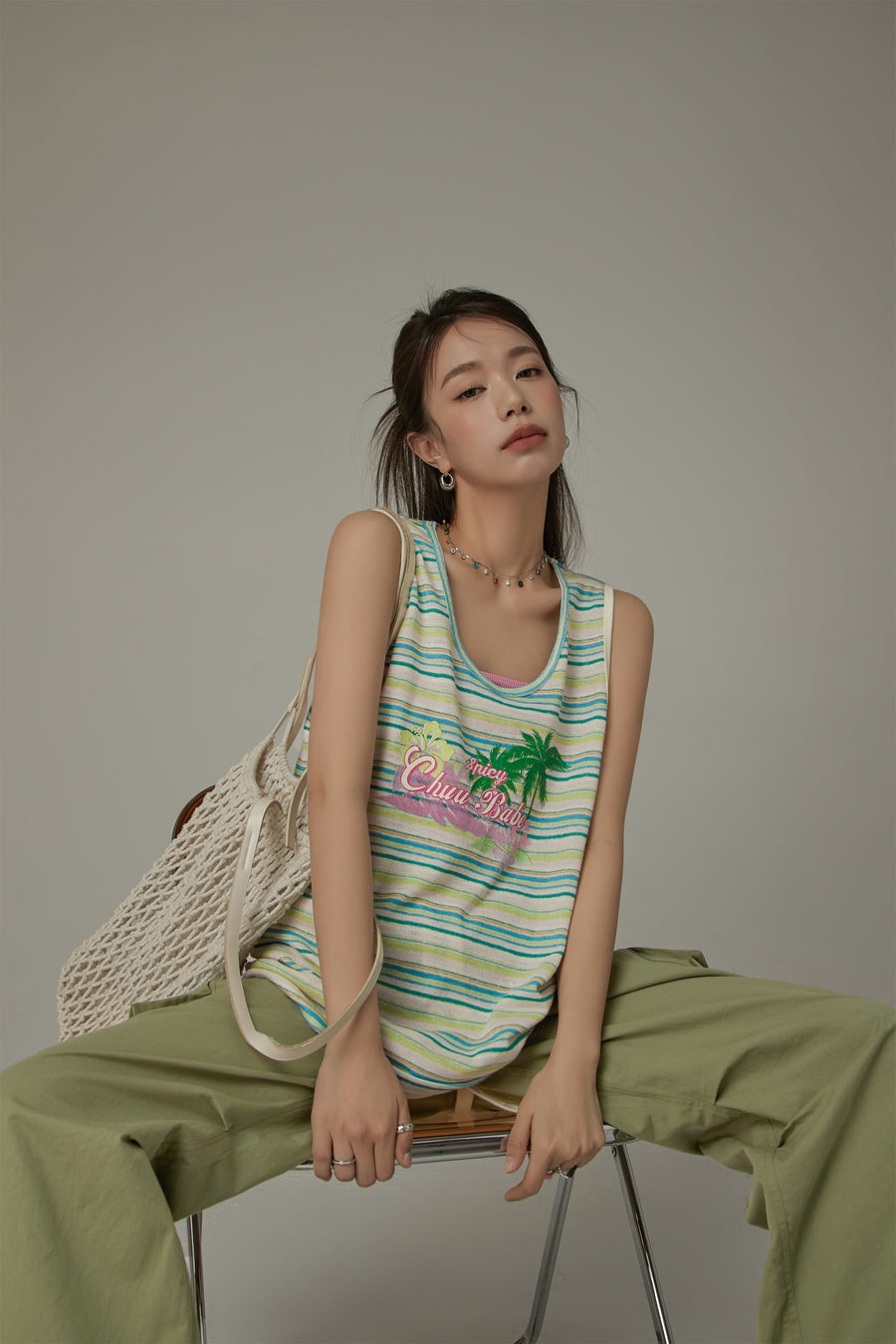 CHUU Chuu Baby Printed Design Striped Sleeveless Oversized T-Shirt