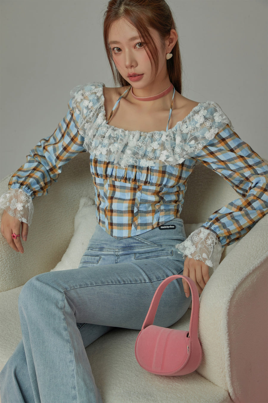 CHUU Lace Check Blouse