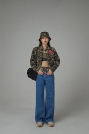 Stitched Camouflage Straight Denim Pants