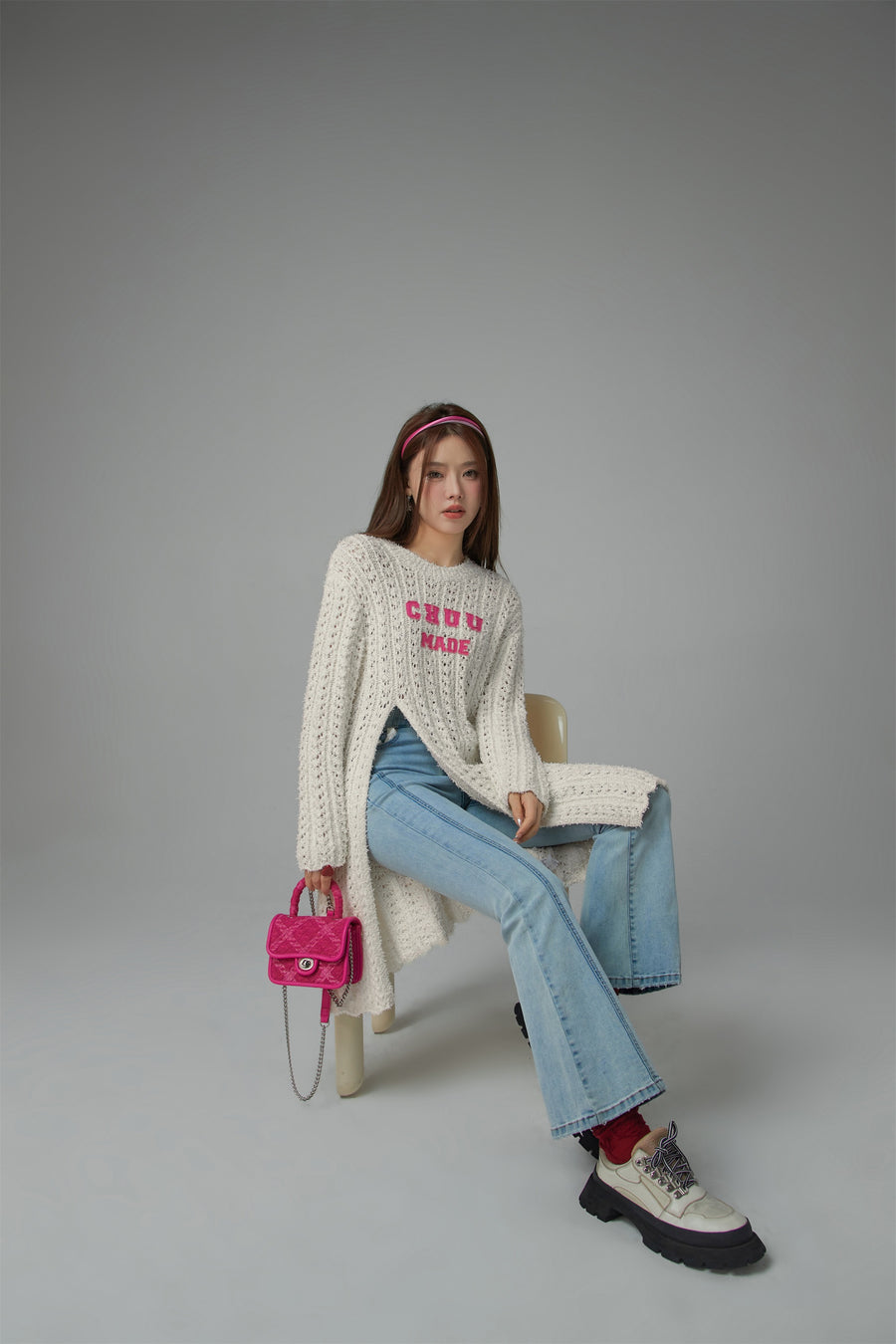 CHUU Crochet Side Slit Knit Long Sweater Dress