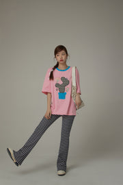 Lined Catcus Color Loose Fit T-Shirt