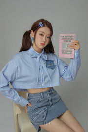 Heart Denim Pocket Stripe Crop Shirt