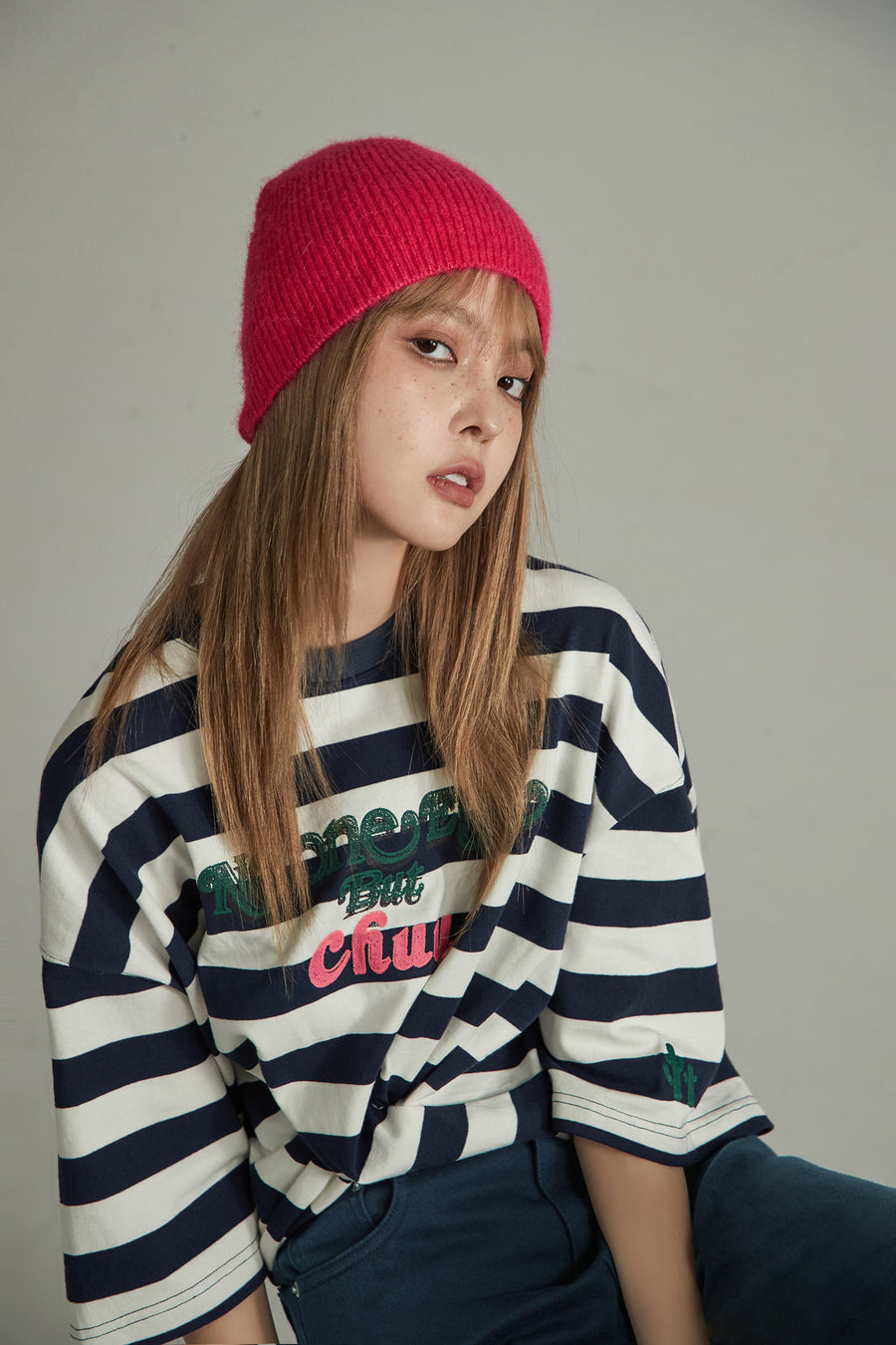 CHUU Striped Front Twist Oversize Crop T-Shirt