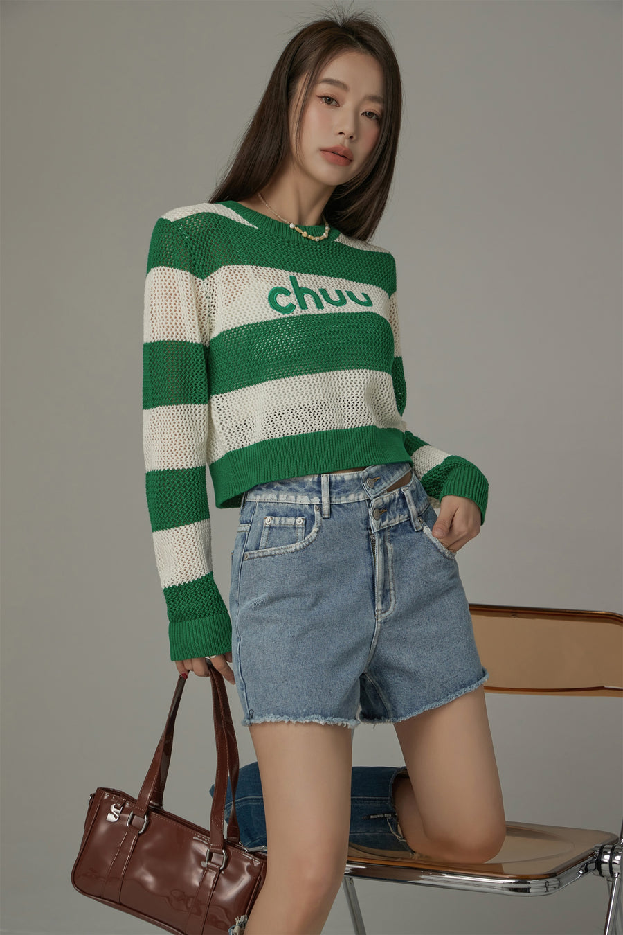 CHUU Striped Cropped Knit Top