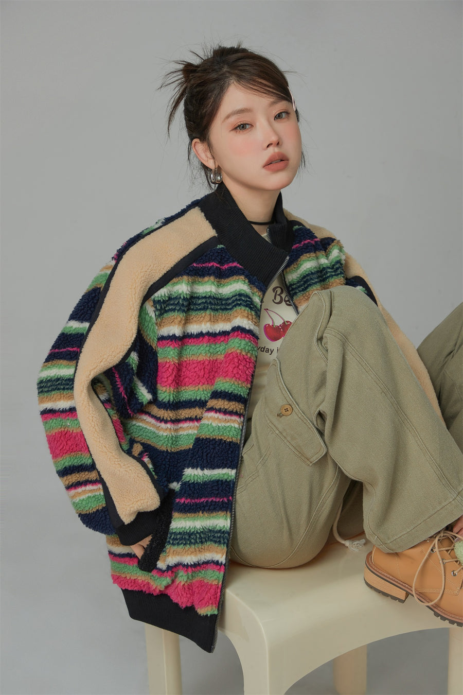 CHUU I See The Light Striped Fleece Overfit Jacket