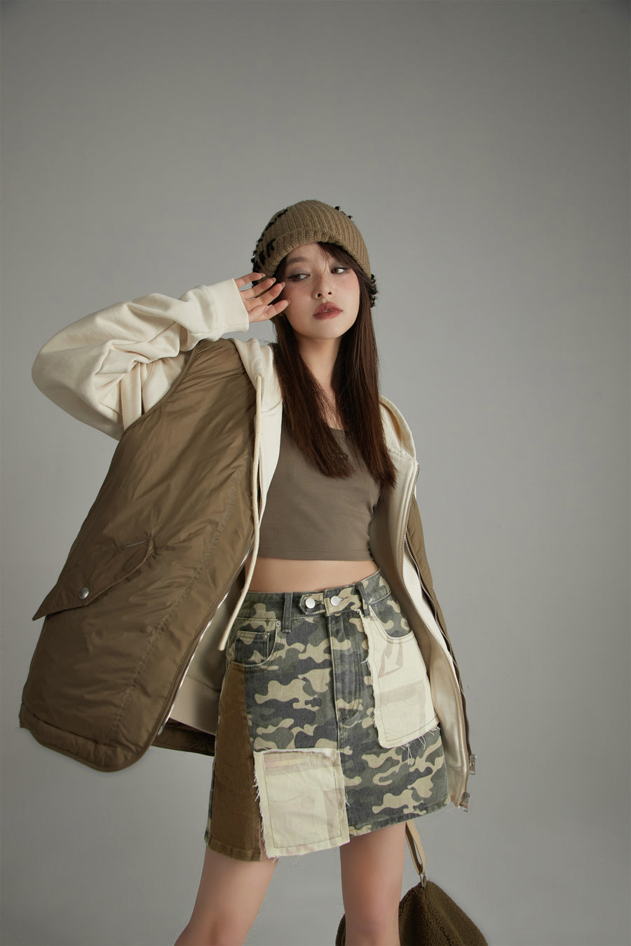 CHUU Color Block Camouflage A-Line Skirt