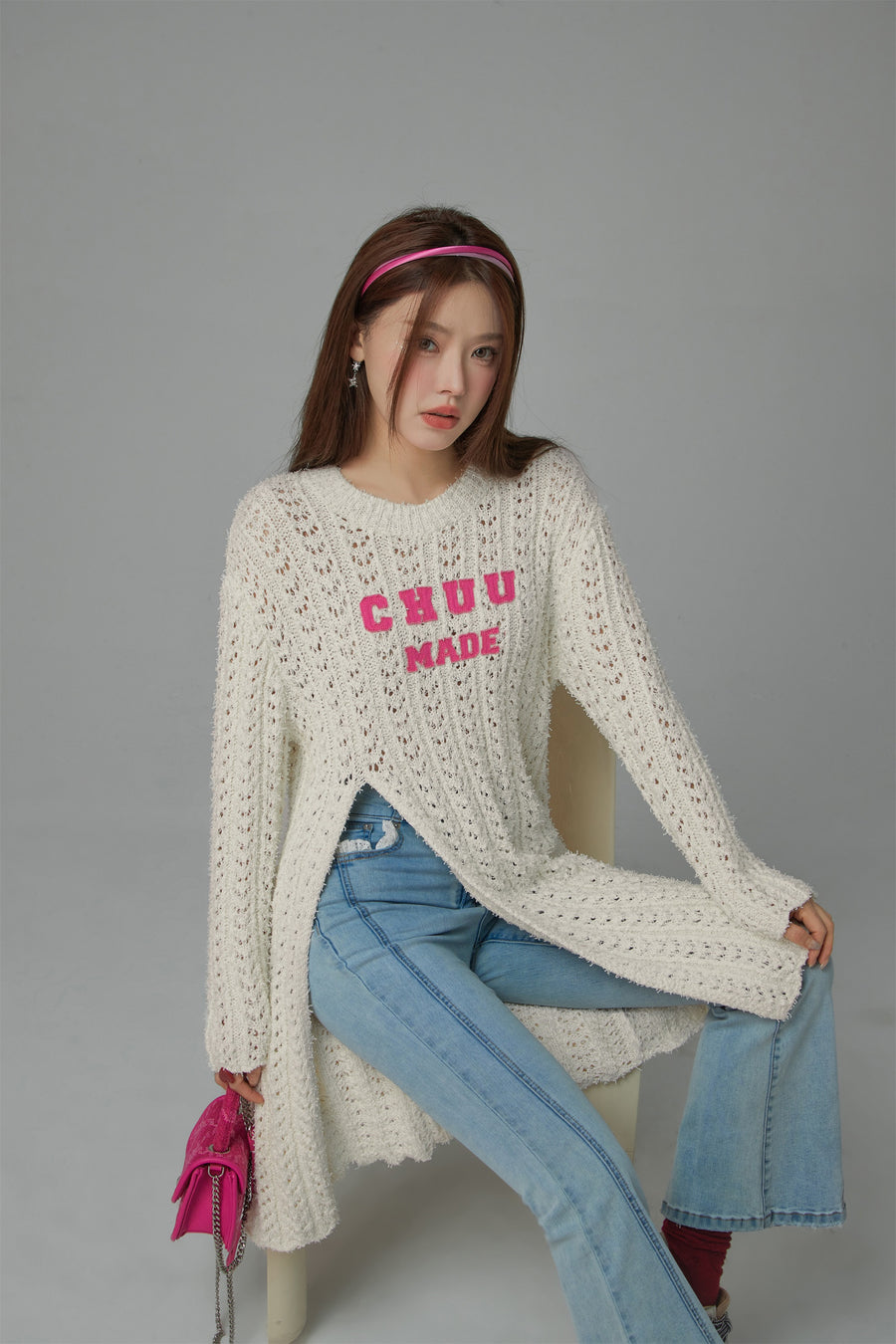 CHUU Crochet Side Slit Knit Long Sweater Dress