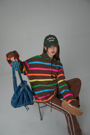 Polo Neck Rainbow Stripes Sweatshirt