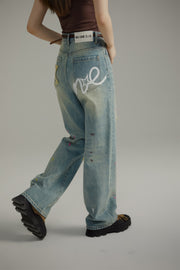 Painted On Wide Washed Denim Jeans