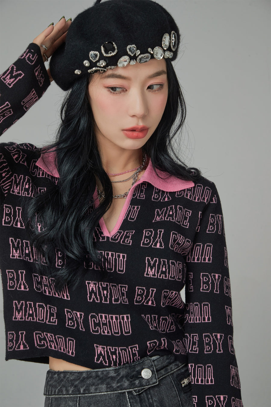 CHUU Too Sweet Chuu Lettering Open Collar Knit Top