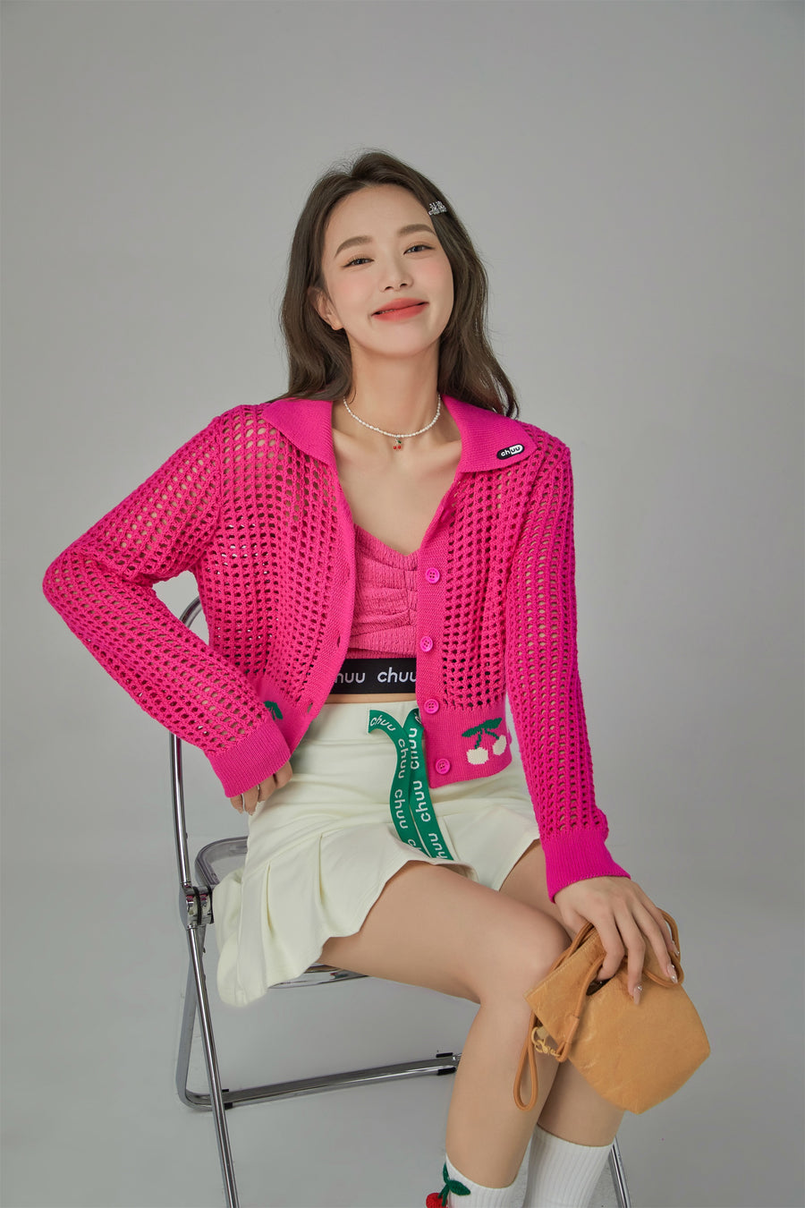 CHUU Hot Pink Cherry Crochet Crop Cardigan