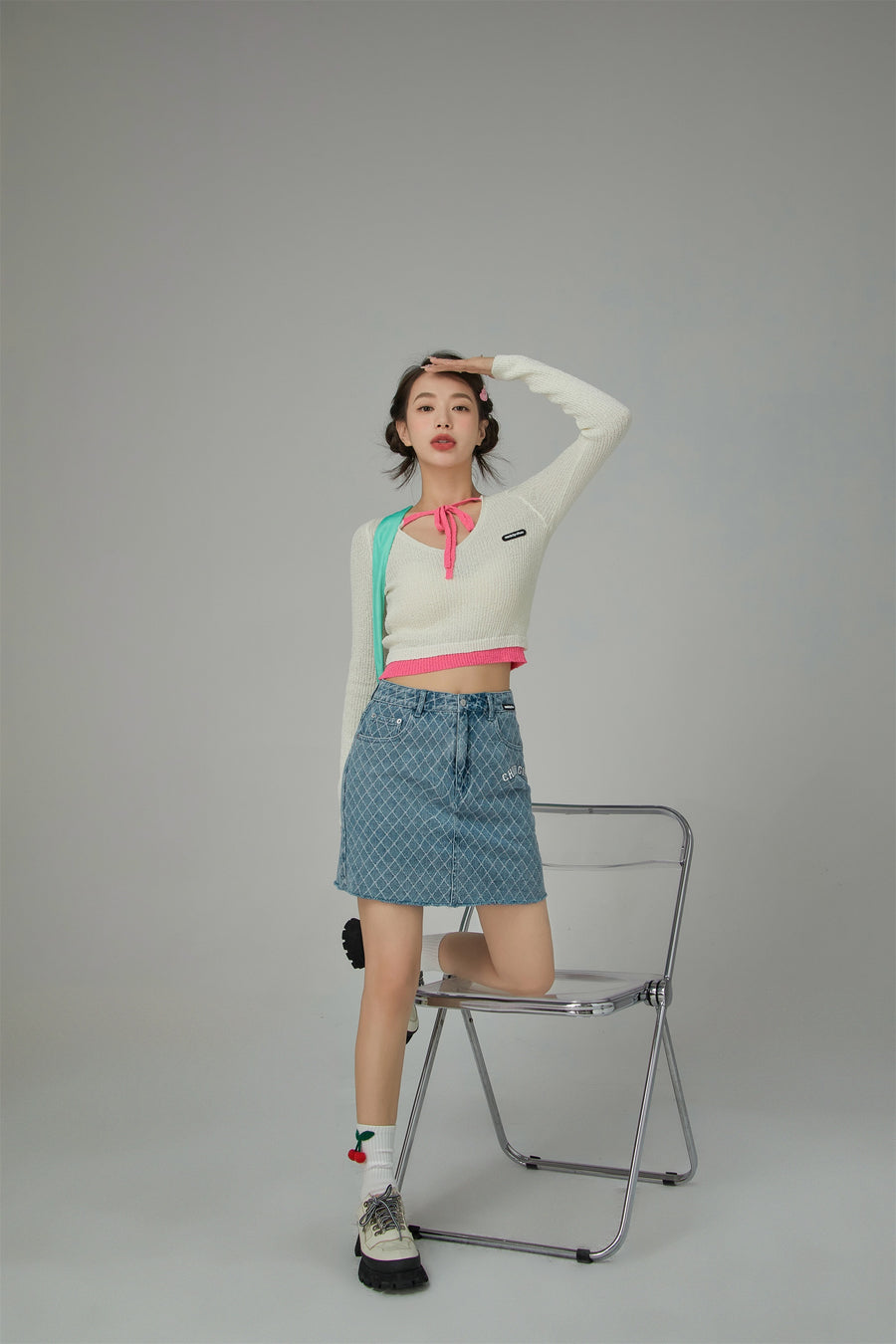 CHUU Chuu Girl Diamond Check Denim Skirt