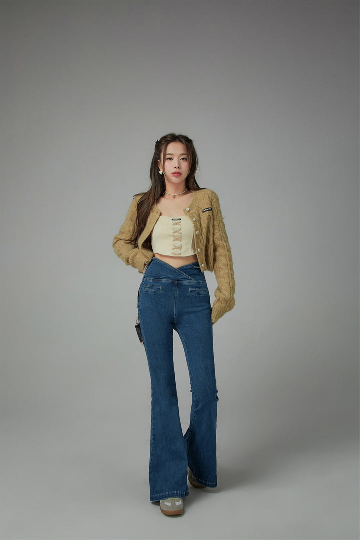 Cross Front High-Waist Flared Jeans