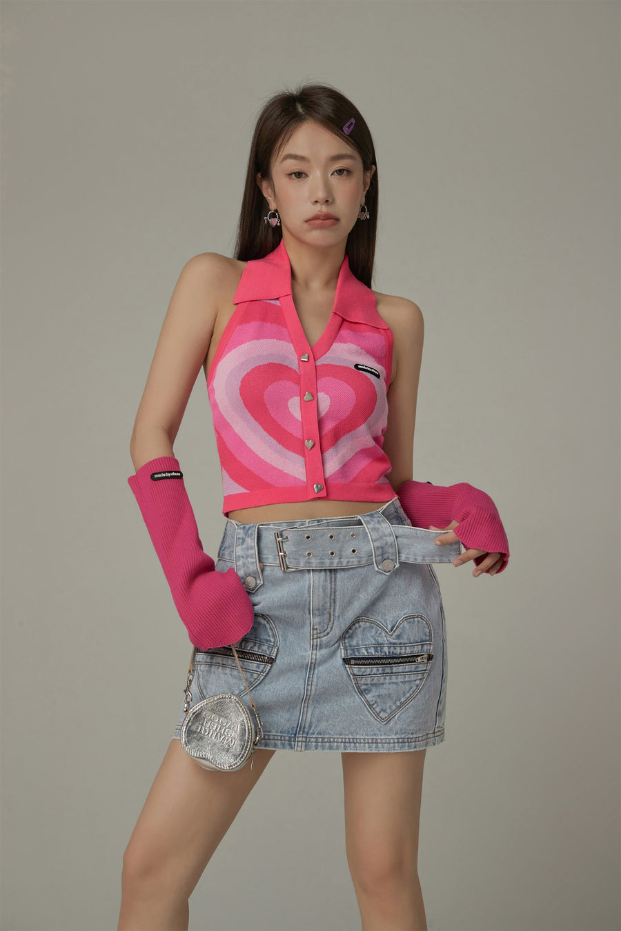 CHUU Heart Pocket Belt Denim Mini Skirt