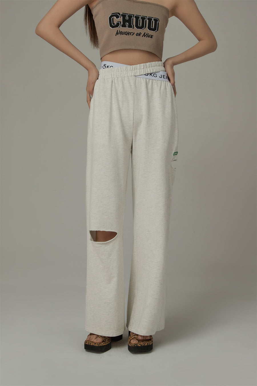 CHUU Criss Cross Distressed Wide Pants