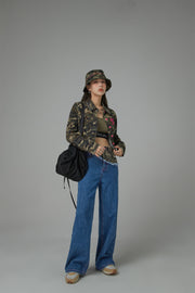 Stitched Camouflage Straight Denim Pants