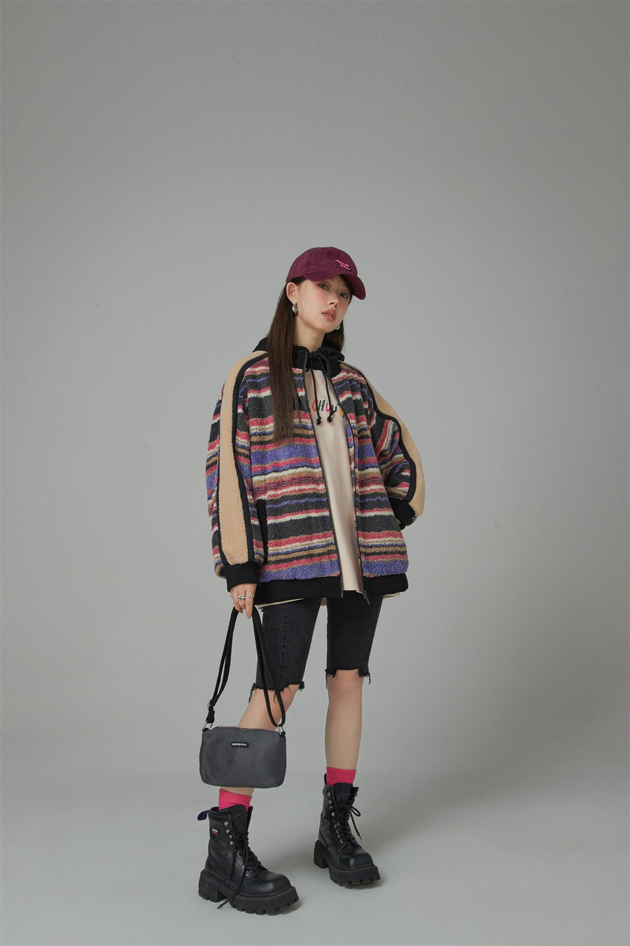 CHUU I See The Light Striped Fleece Overfit Jacket