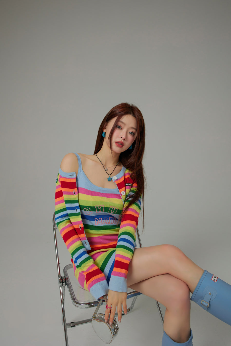 CHUU Rainbow Stripes Knit Cami Dress