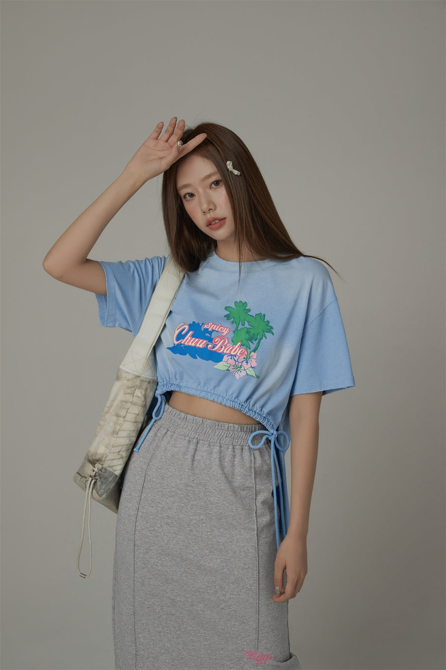 CHUU Chuu Babe Tropical Printed Design Strings Cropped T-Shirt