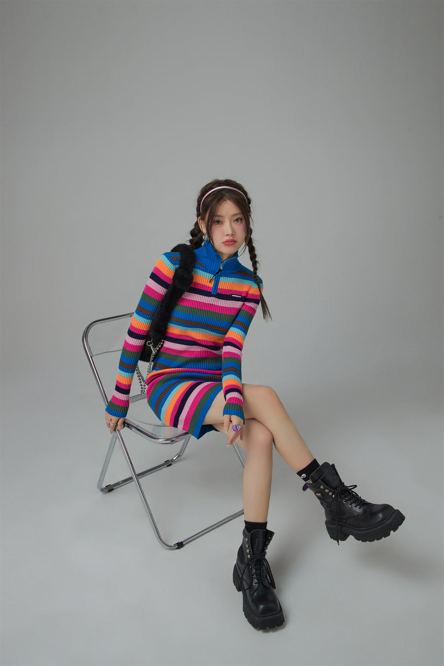 CHUU Colorful Skies Rainbow Striped Knit Dress