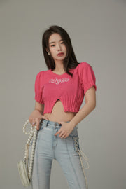 Embroidered Split Cropped Knit Top