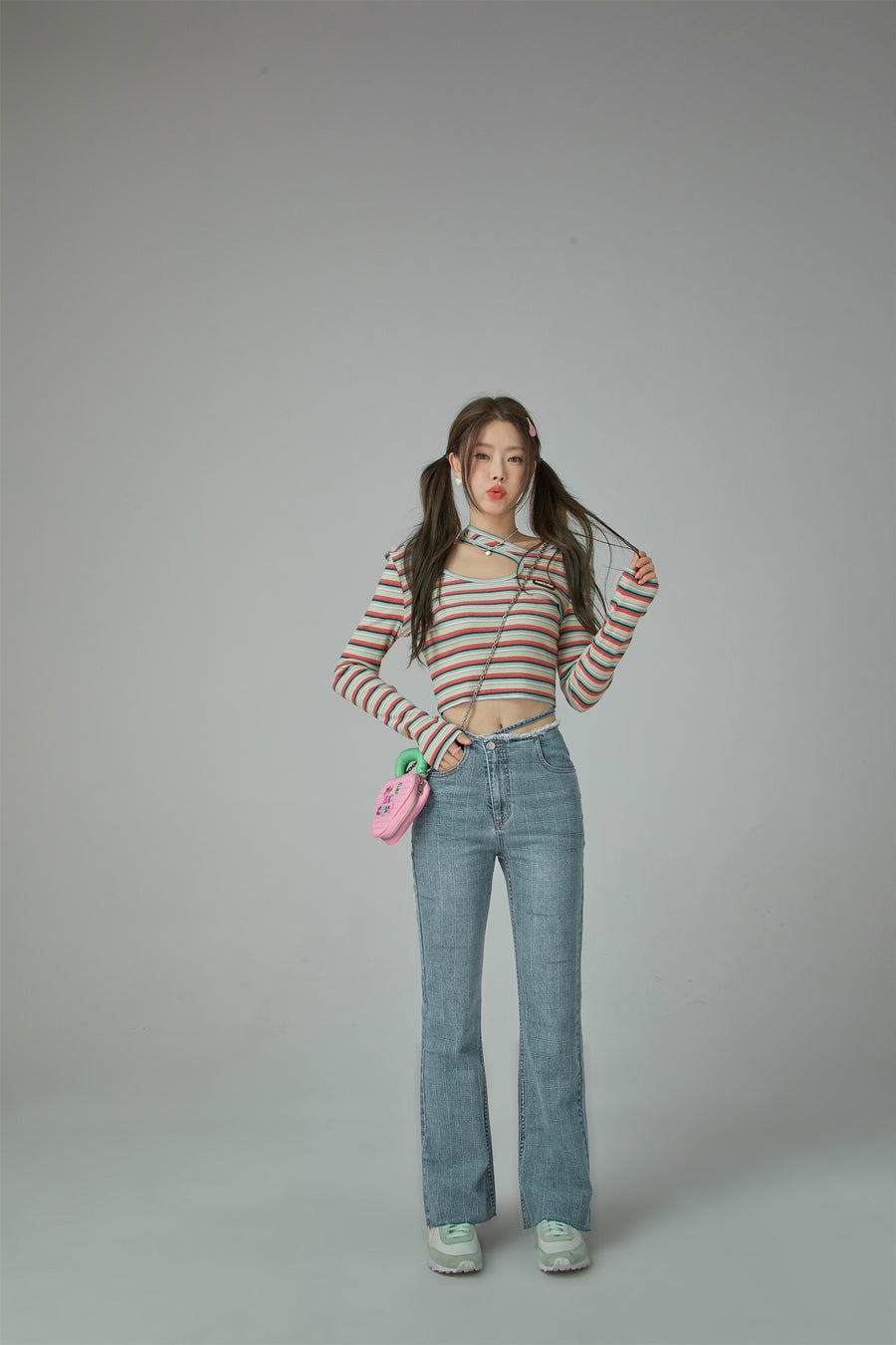 CHUU Colorful Stripes Chest Cutout Long-Sleeves Top